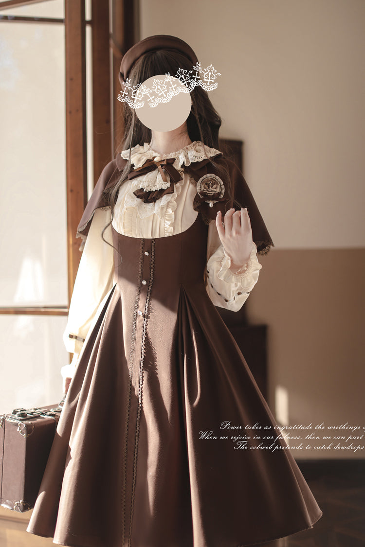 Brown/White [Sunset Academy] Long Sleeves Ruffle Bowknot Fake Two Pieces Vintage College Style Elegant Lolita Dress