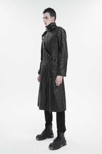 Black Stand Collar With Strap Split At The Hem Long Men's Gothic Coat