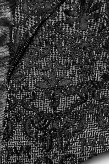 Black V Collar Long Sleeves Floral Embroidery Men's Gothic Vest