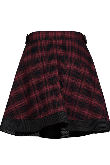 Red Chiffon Plaid Large-Hole Mesh Stitching V-Word Segmentation Design Sun-Hem Women's Punk Skirt