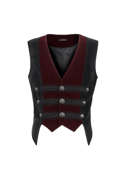 Black/Red Irregular Velvet Splice Corduroy Men's Gothic Waistcoat