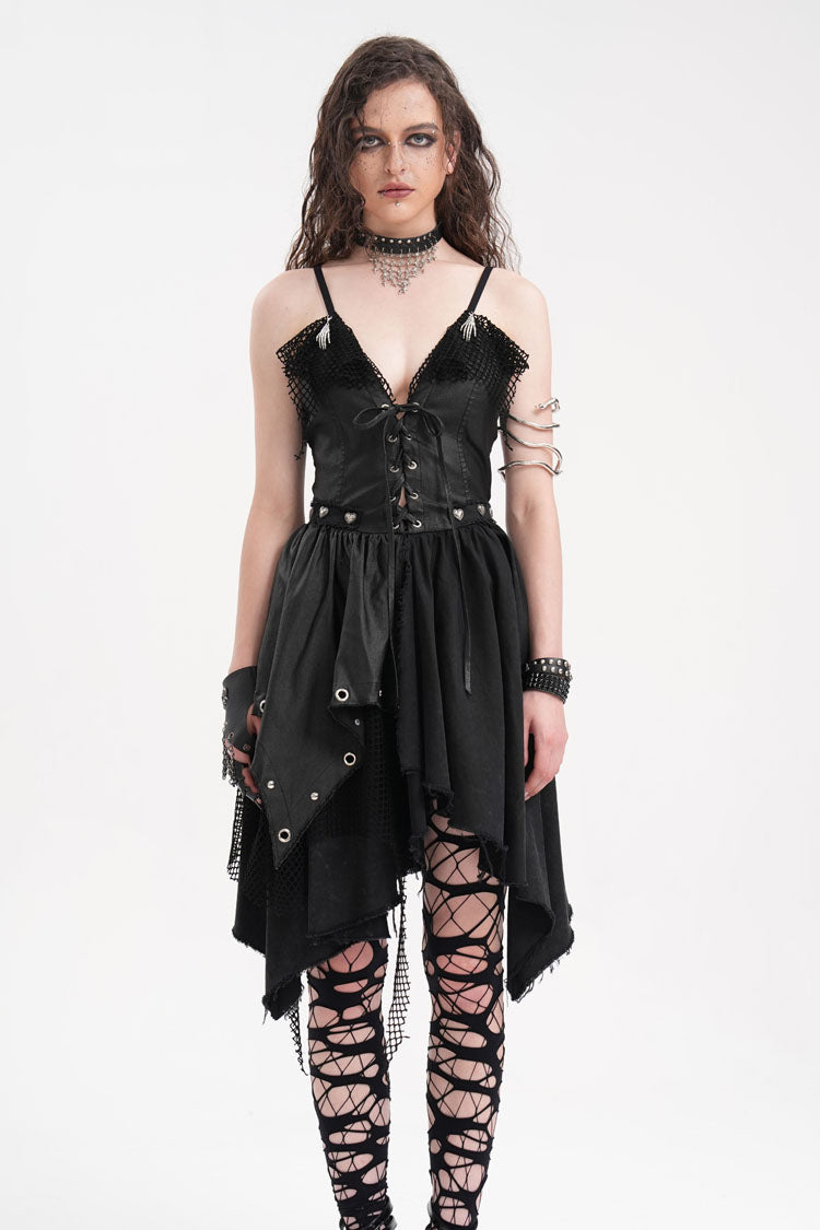 Black Sleeveless Lace Irregular Mesh Women's Gothic Slip Dress
