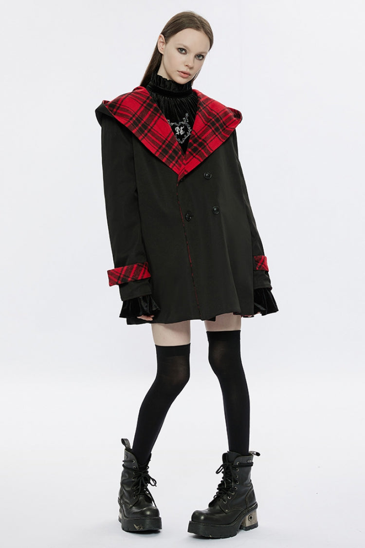 Black/Red Plaid Print Hooded Women's Punk College Style Coat