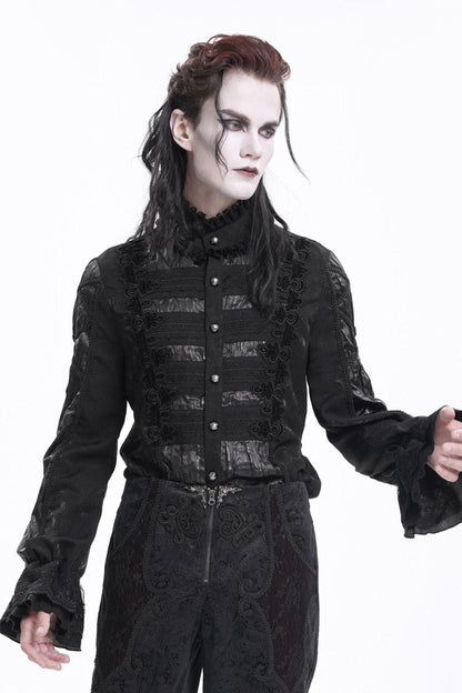 Black Stand Collar Long Sleeves Pleated Lace Crochet Men's Gothic Blouse