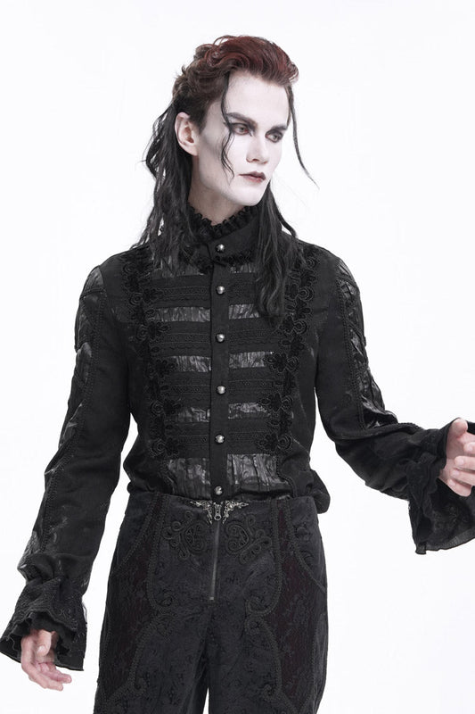 Black Stand Collar Long Sleeves Pleated Lace Crochet Men's Gothic Blouse