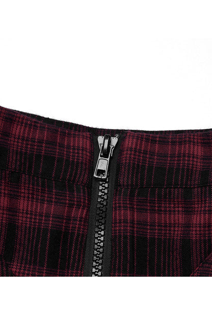 Red Chiffon Plaid Large-Hole Mesh Stitching V-Word Segmentation Design Sun-Hem Women's Punk Skirt