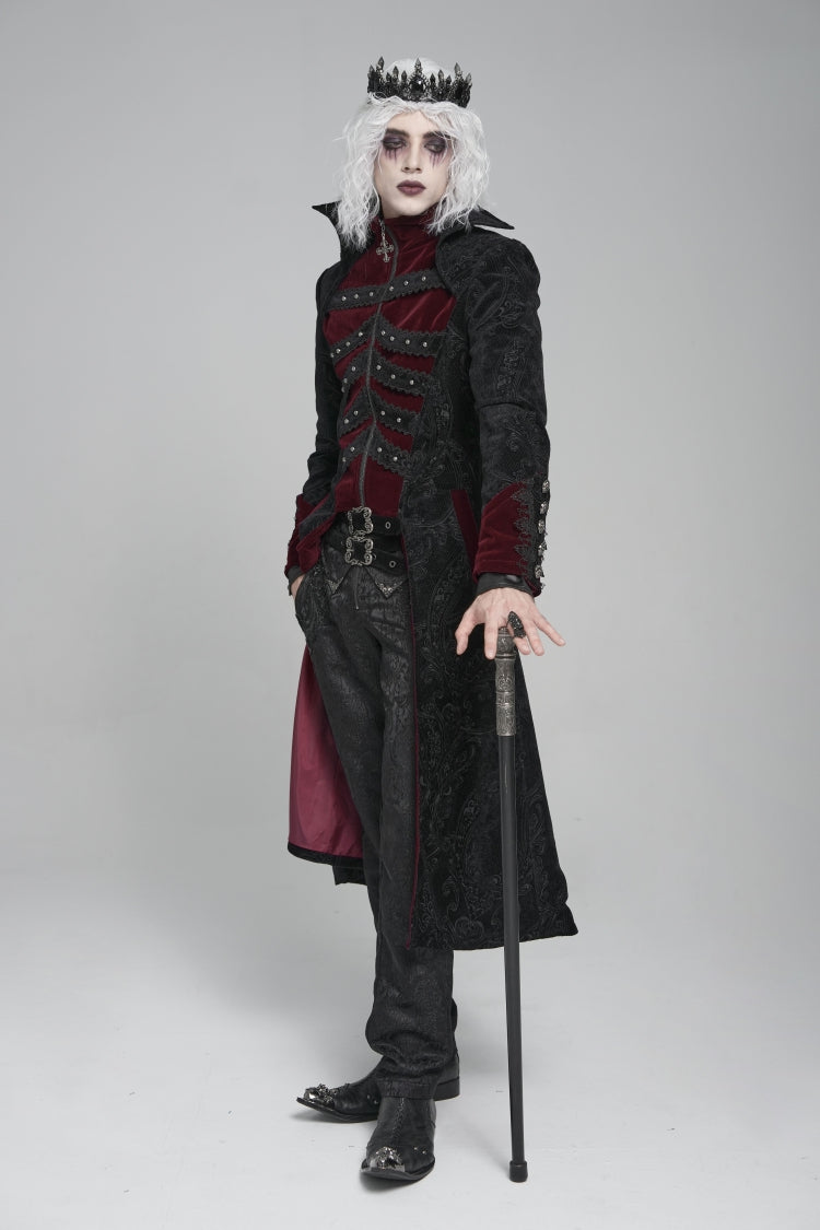 Black/Red Diamante Stand Collar Long Sleeves Printed Zippered Men's Gothic Long Coat