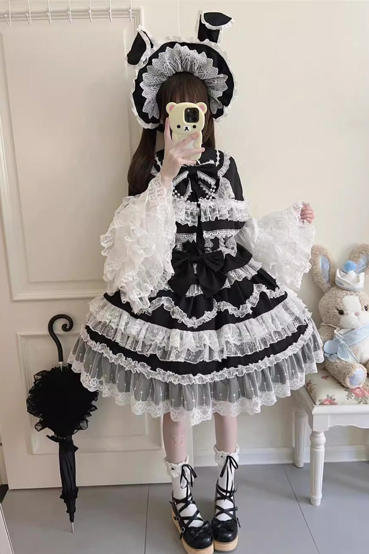 Black [Love and Heart Flutter] Sleeveless Multi-Layered Ruffle Bowknot Lace Pearl Sweet Lolita Jsk Dress