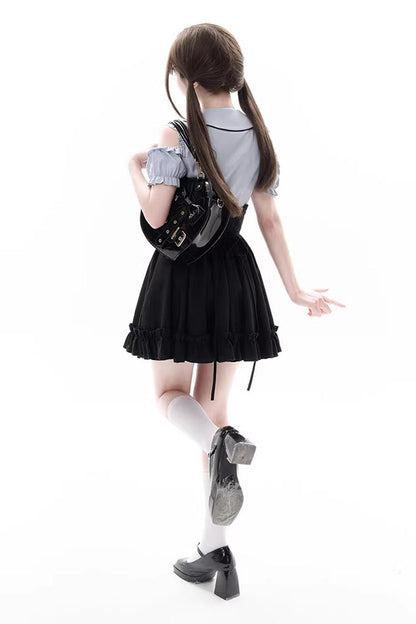 Black/Blue Off Shoulder Short Sleeves Ruffle Bowknot Sweet Jirai Kei Japanese Set