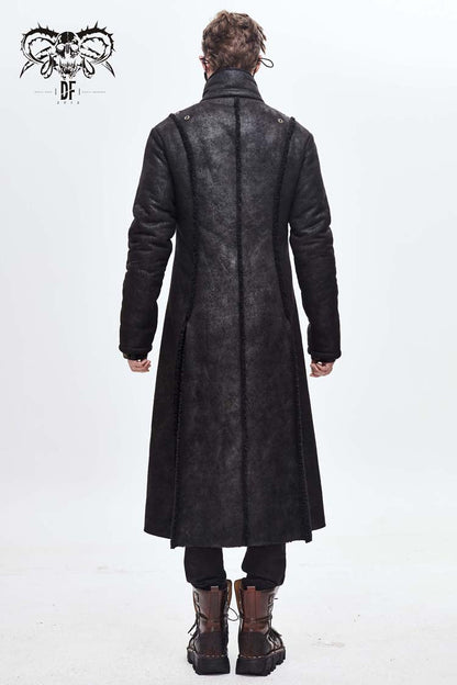Black Stand Up Collar Shoulder Fur Cape Front Metal Hasp Chest Loops Long Fur Men's Punk Coat