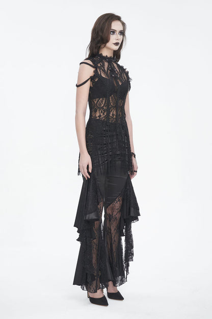 Black Round Collar Embroidery Lace Womens Gothic T-Shirt