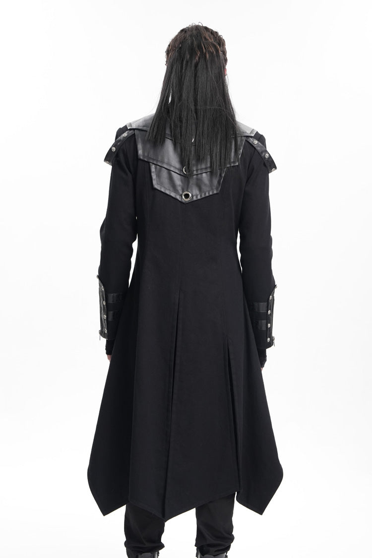 Black Stand Collar Eyelets Buckle-up Ring Long Sleeves Stitching Men's Gothic Coat