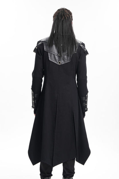 Black Stand Collar Eyelets Buckle-up Ring Long Sleeves Stitching Men's Gothic Coat
