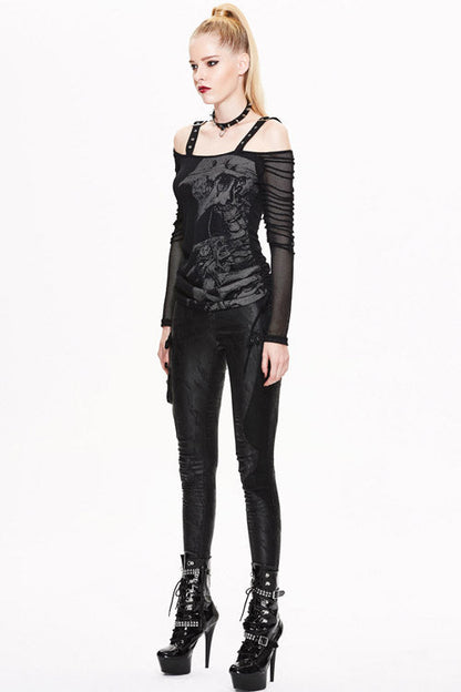 Black Skull Print Long Sleeves Drawstring Halter Cotton Women Punk T-Shirt