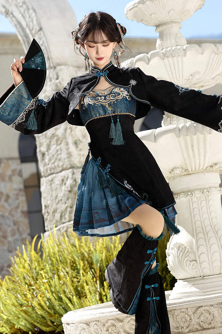 Black/Blue [Misty Teal] Long Sleeves Ruffled Cut-Out Embroidered Asymmetric Chinese Style Classic Lolita Jsk Dress Set