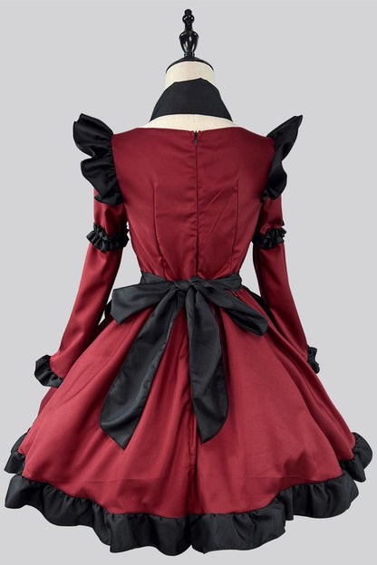 Black/Red Maid Long Sleeves Ruffle Bowknot Gothic Lolita Dress Full Set