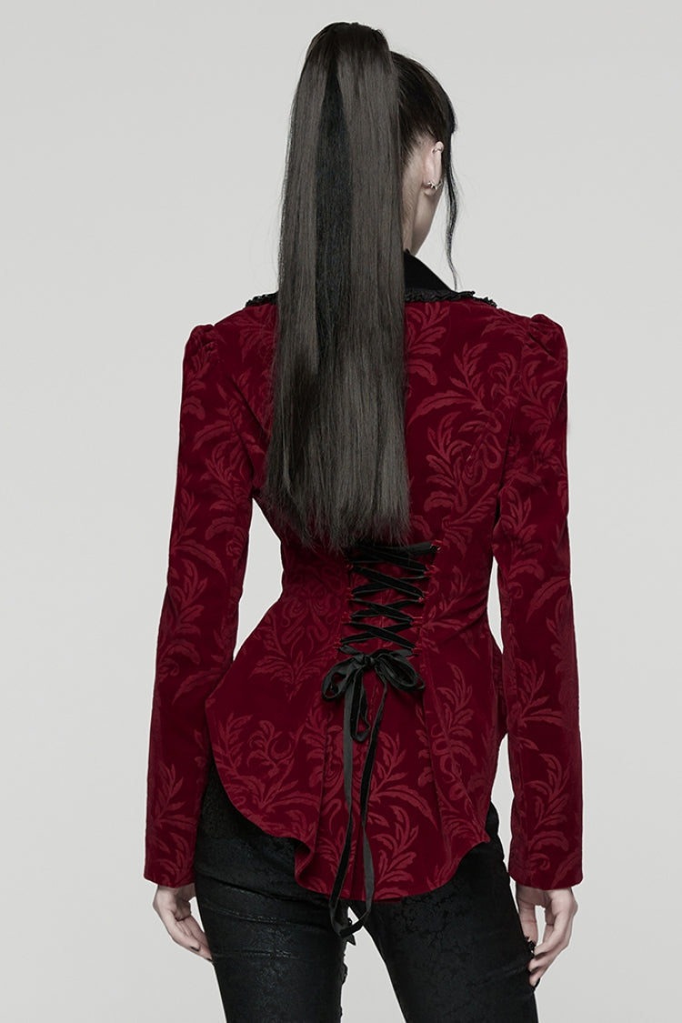 Red/Black Lapel Collar Long Sleeves Lace-Up Zipper Women's Punk Coat