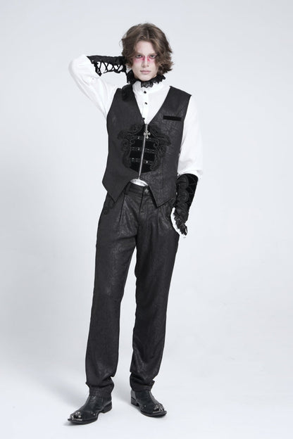 Black Sleeveless Floral Embroidery Stitching Velvet Men's Gothic Vest