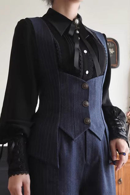 Blue [Griffin’s Pact] Bust Support Striped Printed Gothic Ouji Lolita Shorts Vest Set