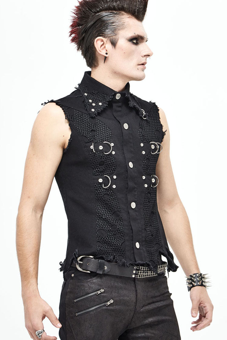 Black Worn Out Twill Mesh Decoration Rough Selvedge Hem Heavy Metal Men's Punk Waistcoat