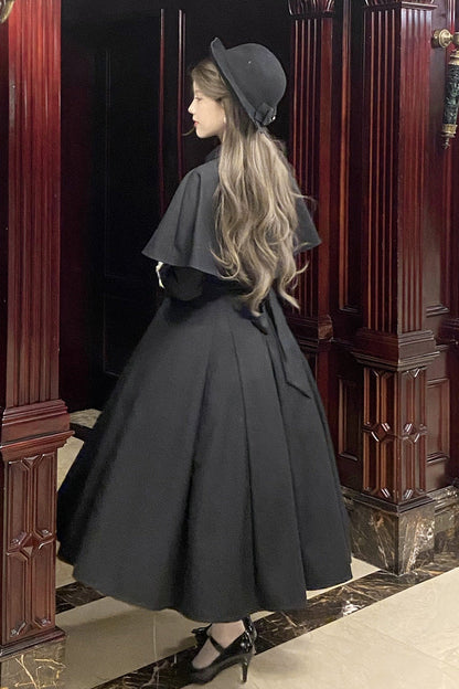 Black [Miss Donya] Stand Collar Long Sleeves Bow Gothic Elegant Lolita OP Dress