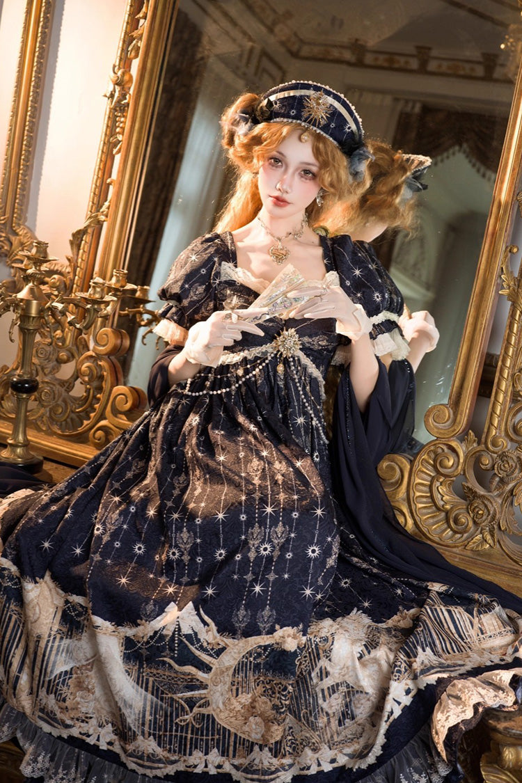 Blue [Unicorn] V Collar Short Sleeves Empire Motif Print Embroidery Bowknot Lace Sweet Elegant Lolita Dress