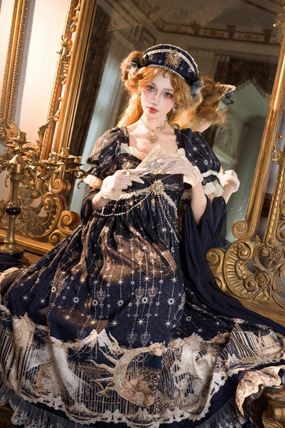 Blue [Unicorn] V Collar Short Sleeves Empire Motif Print Embroidery Bowknot Lace Sweet Elegant Lolita Dress
