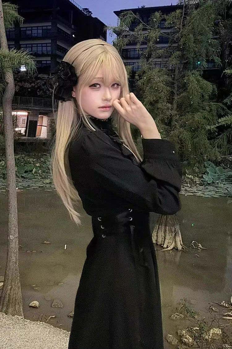Black Stand Collar Long Sleeves Ruffled Lace-Up Gothic Lolita Dress