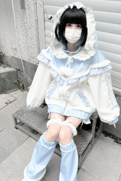 White/Blue [Sweet Star Bear] Long Sleeves Ruffle Hooded Japanese Jirai Kei Sports Coat