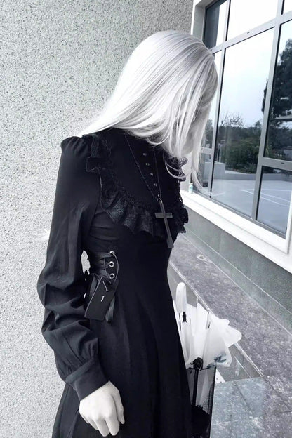 Black Stand Collar Long Sleeves Ruffled Lace-Up Gothic Lolita Dress