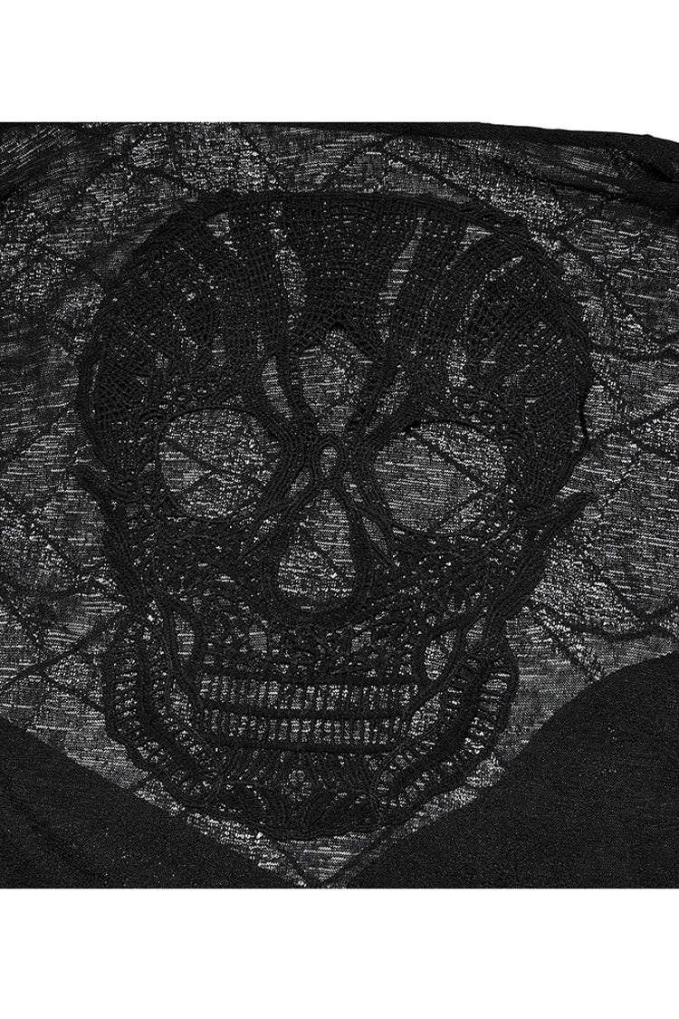 Black Soft Knitting Mottled Texture Asymmetric Hem Skull Decal On The Back Women's Plus Size Gothic Jacket