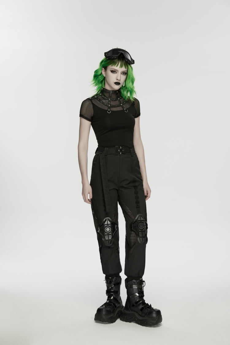Black Stand Collar Short Sleeves Zippered Women's Punk Rivets&Eyelets T-Shirt