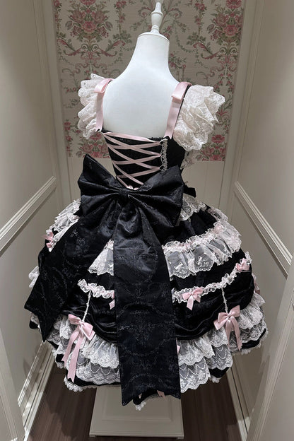 Black/Pink [Silk Satin Gift Box] Square Collar Sleeveless Multi-Layered Ruffled Bow Lace Sweet Lolita Jsk Dress