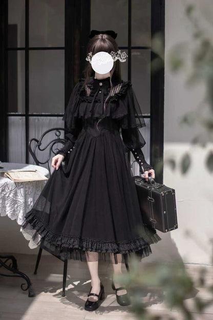 Black [Enchanted Nightdream] Long Sleeves Bowknot Lace Gothic Elegant Lolita Dress