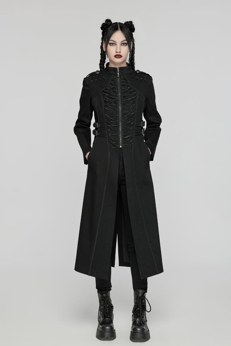 Black Stand Collar Chain Zipper Long Sleeves Women's Gothic Long Coat