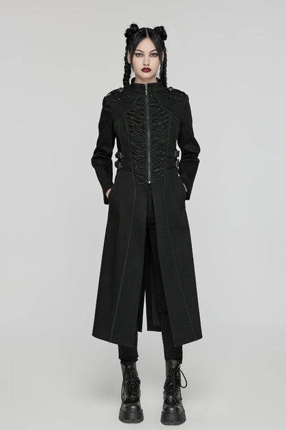 Black Stand Collar Chain Zipper Long Sleeves Women's Gothic Long Coat
