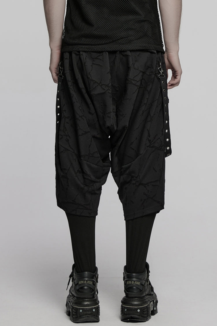 Black Tie-dyed Sagging Men's Punk Pants with Staps