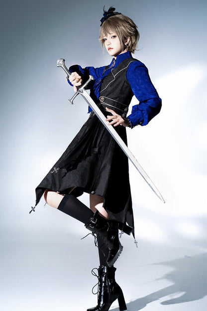 Black/Blue Courtly Knight-Style Long Sleeves Ruffle Embroidery Prince Ouji Lolita Set