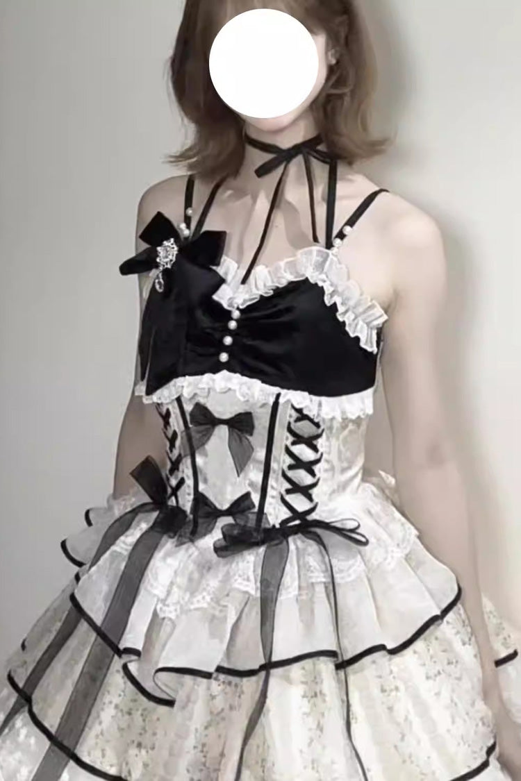 Black/Apricot [Holiday Ball] Sleeveless Multi-Layered Printed Ruffled Bow Lace Ballet Sweet Lolita Jsk Dress