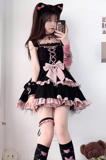 Black/Pink Double Layer Ruffle Bowknot Lace-Up Sweet Princess Lolita Jsk Dress