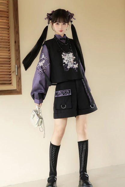 Black/Purple Stand Collar Long Sleeves Embroidery Classic Chinese Style Prince Hanfu Ouji Set