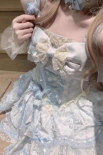 Blue [Floral Overture] Double-Layered Ruffle Embroidery Bowknot Lace Sweet Lolita Jsk Dress