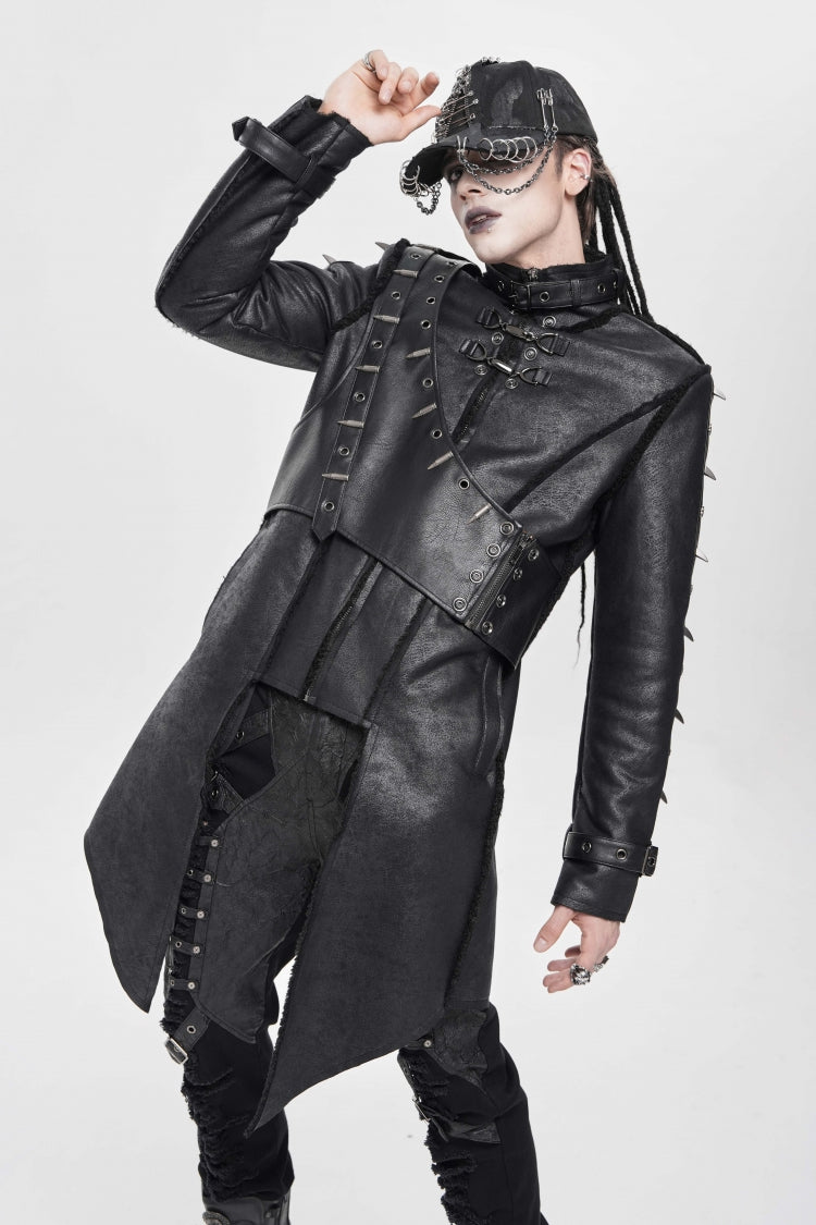 Black Stand Collar Rivet Buckle Zipper Men's Punk Coat