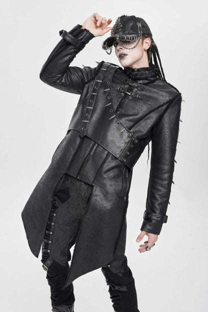 Black Stand Collar Rivet Buckle Zipper Men's Punk Coat