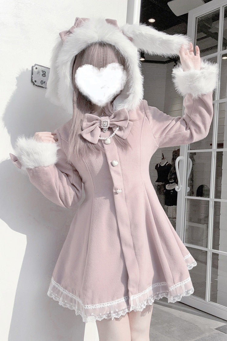 Pink Long Sleeves Bowknot Rabbit Ears Detachable Hooded Japanese Jirai Kei Coat