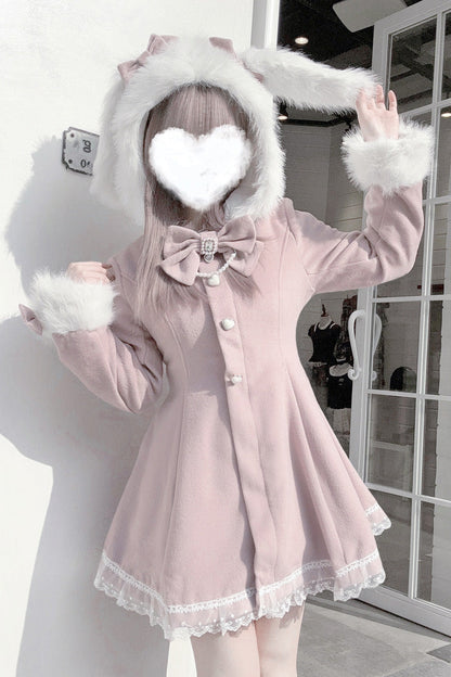 Pink Long Sleeves Bowknot Rabbit Ears Detachable Hooded Japanese Jirai Kei Coat
