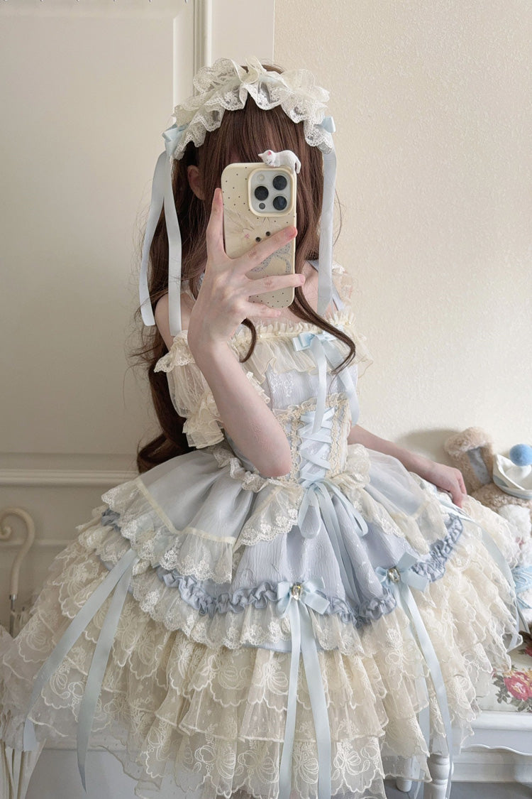Blue [Ribbon Heart Love] Sleeveless Multi-Layered Ruffle Bowknot Lace Lace-Up Sweet Princess Ballet Lolita Jsk Dress