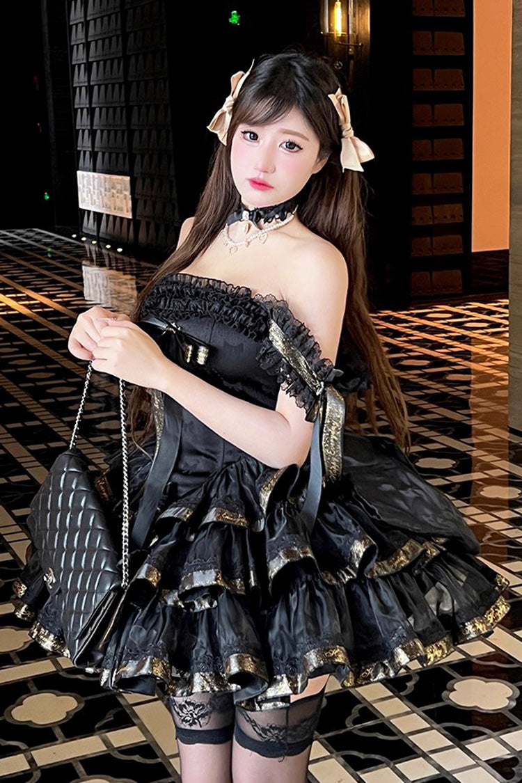Black [Princess Ribbon] Off Shoulder Triple-Layered Ruffle Bowknot Sweet Lolita Dress