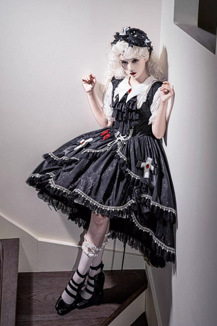 Black [Night Rose] Ruffle Bowknot Lace-Up Short Front and Long Back Gothic Gorgeous Lolita Jsk Dress