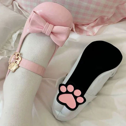 Cute Cat Element Round-Toe Bow Mary Jane Shoes with Cat Paw Heels 7 Colors